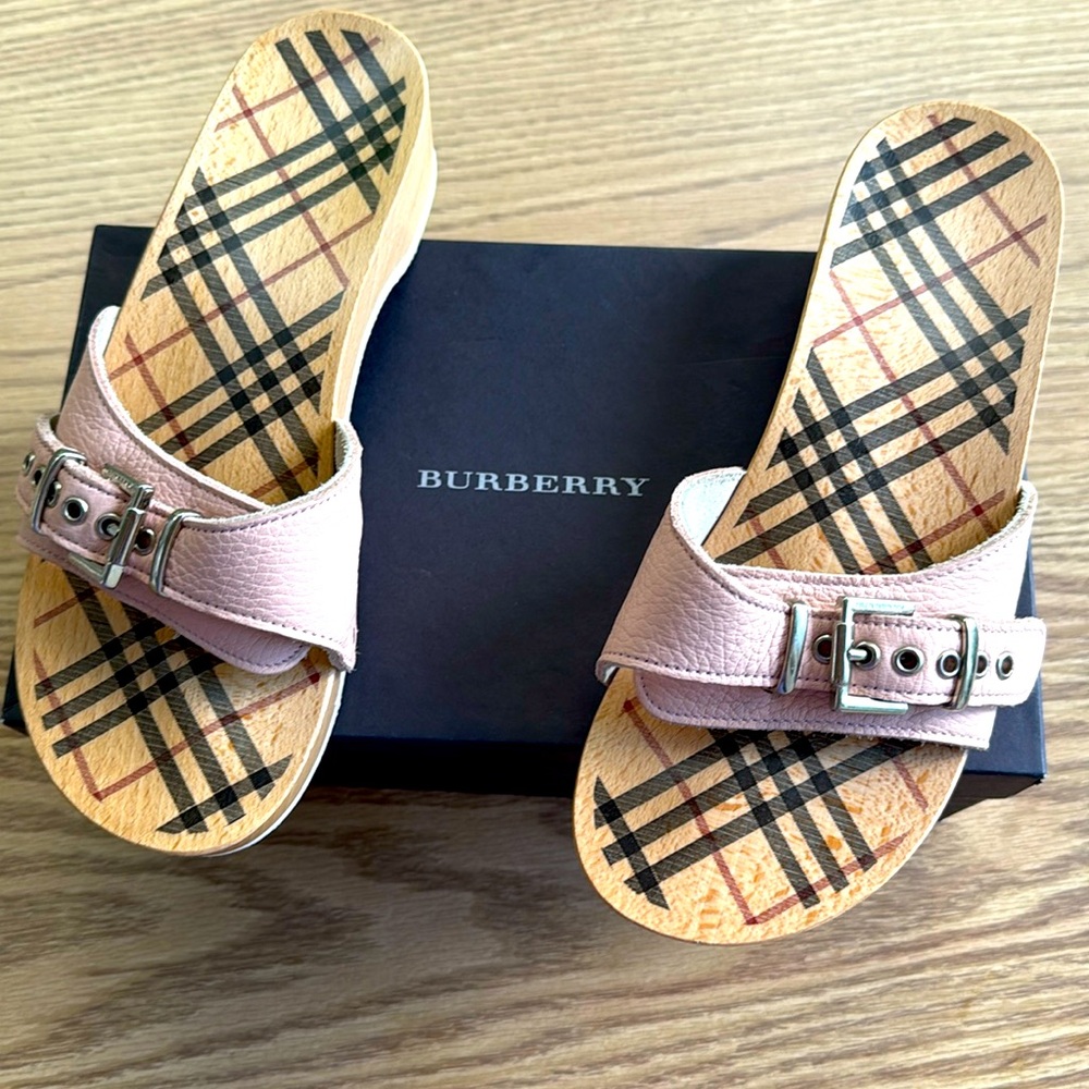 Burberry Nova Check Pink Wooden Brigitte Slides in Box Size 40